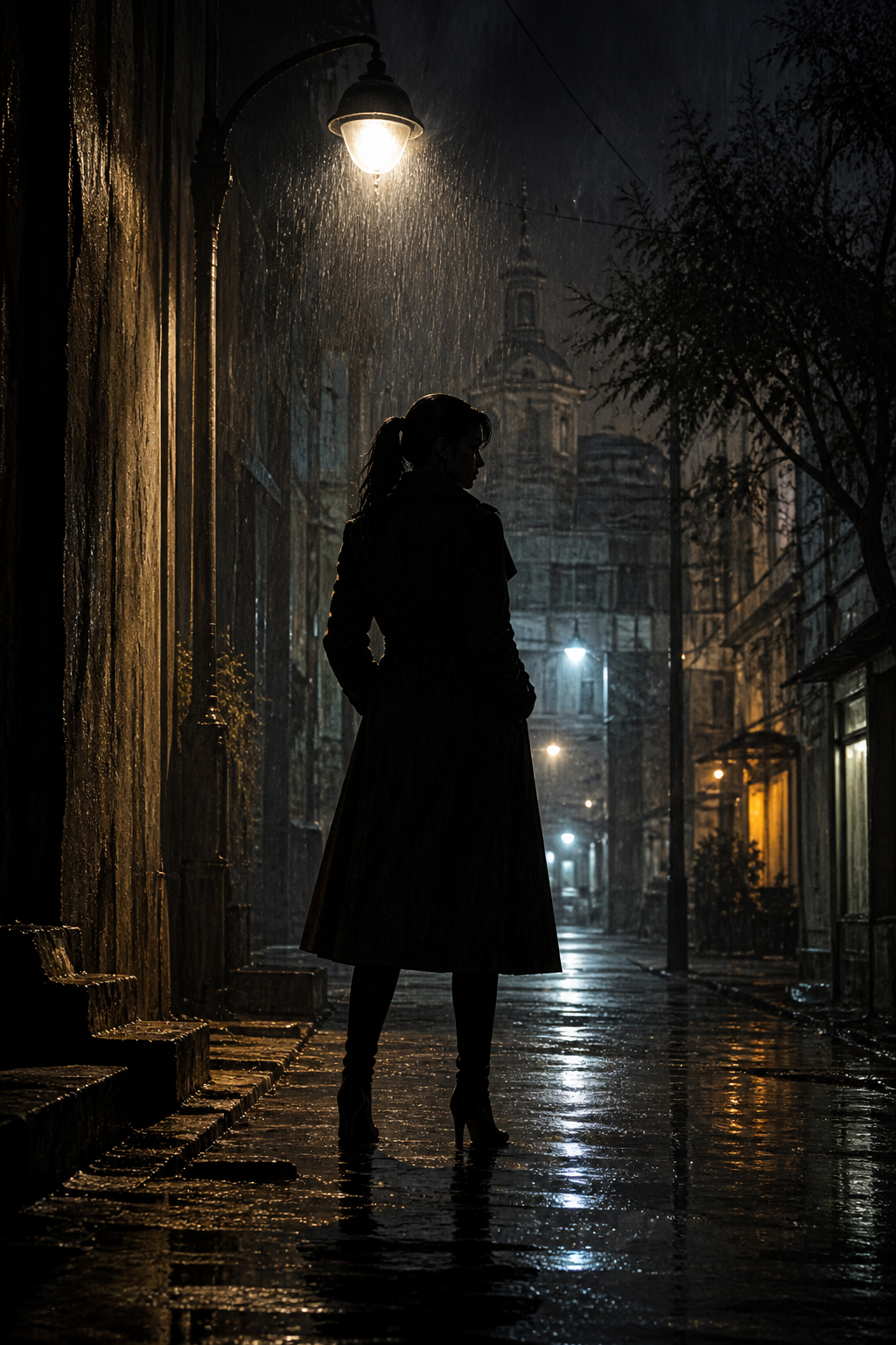 Noir detective under street lamp