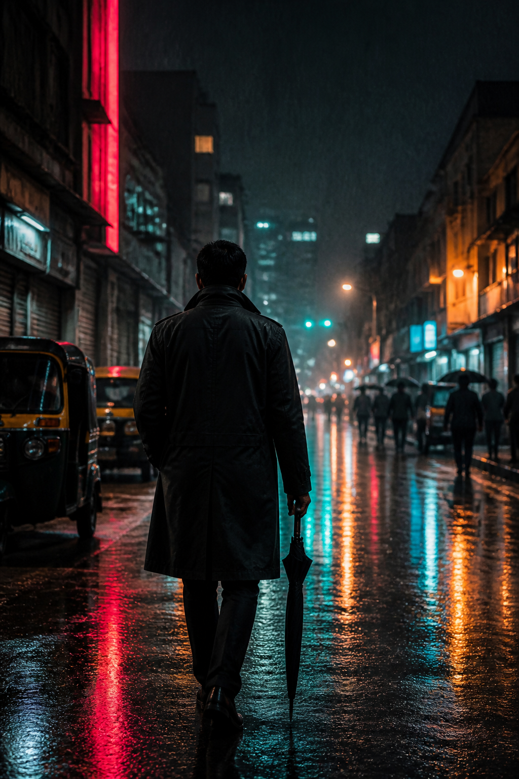Detective walking rainy neon street