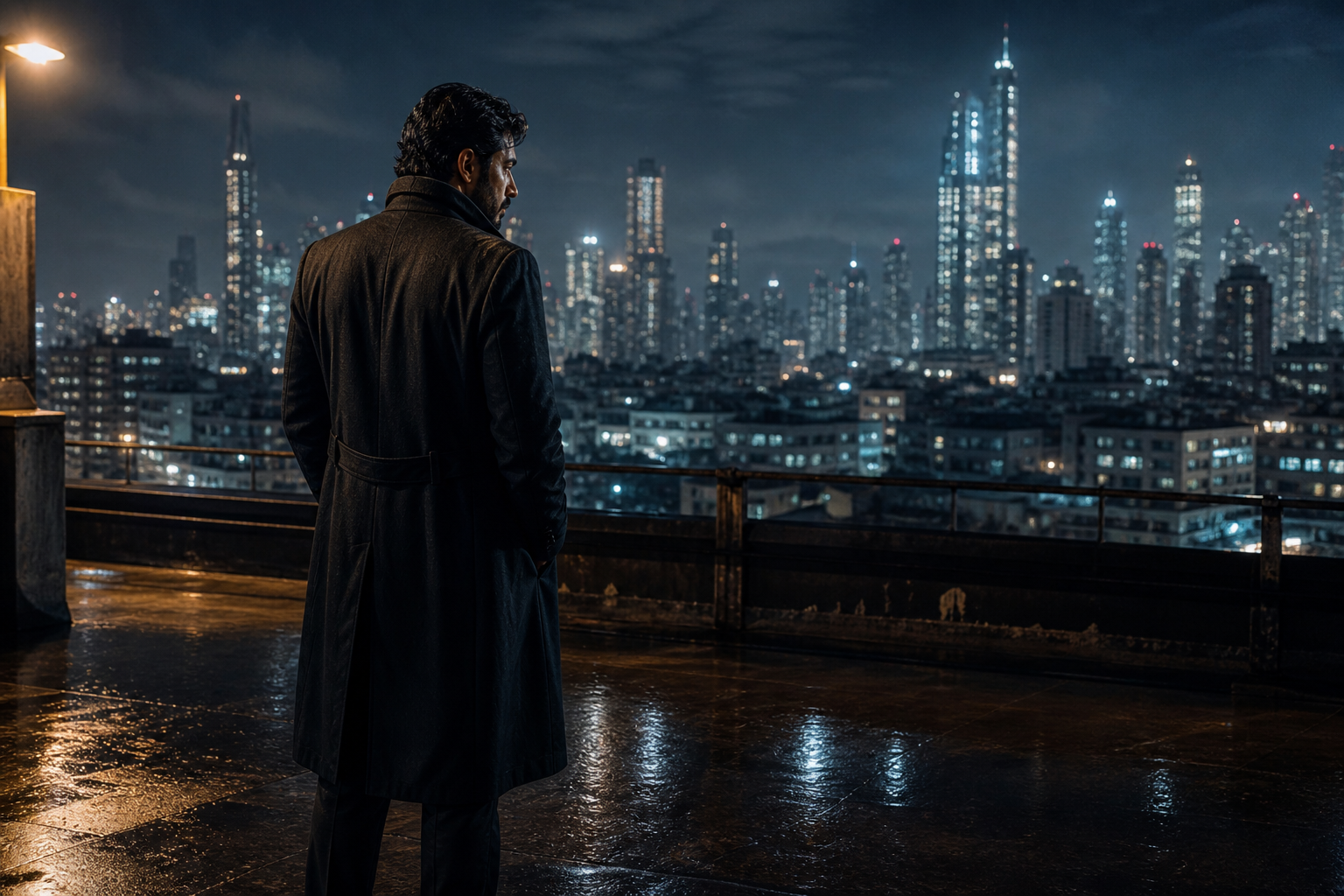 Investigator overlooking night city