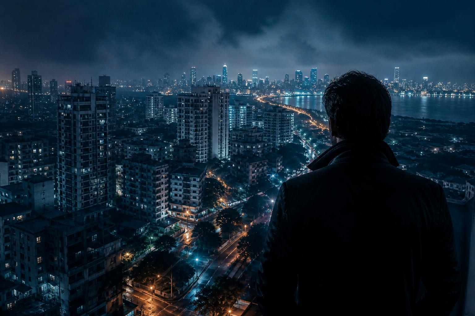 City skyline night rain